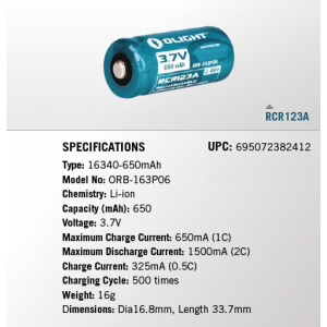 Презареждаема батерия Olight RCR123A 3,7V 650ma/h
